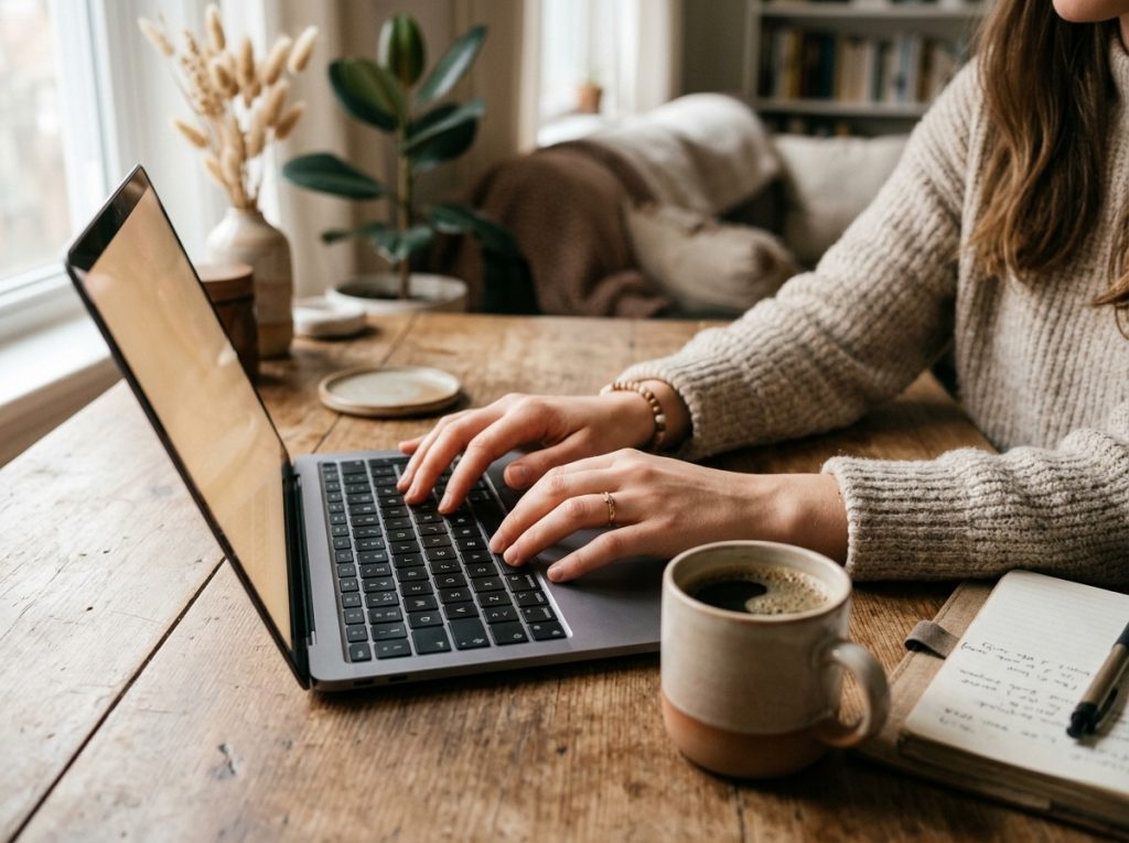Persona escribiendo en un portátil con un café al lado