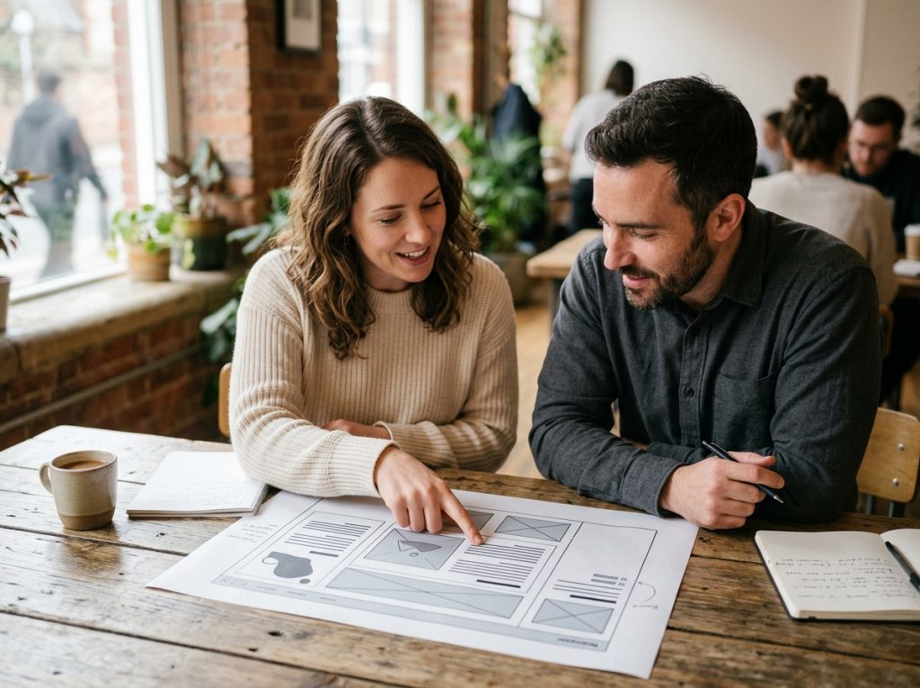 Dos personas revisando juntas el boceto de una página web